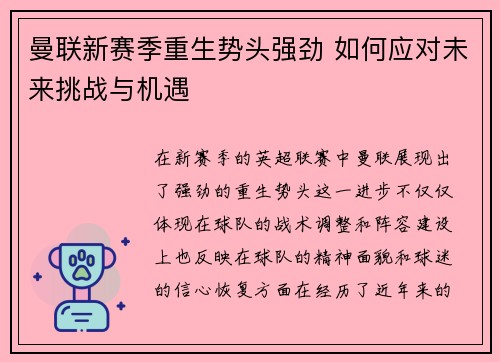 曼联新赛季重生势头强劲 如何应对未来挑战与机遇